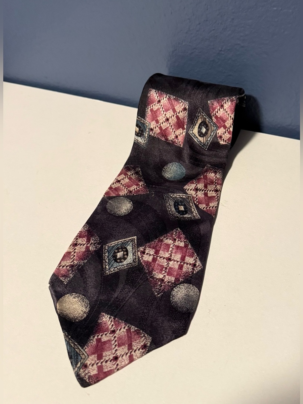 Vintage 90s Zylos George Machado Silk Tie Abstract Geometric Art Deco Wide 4"